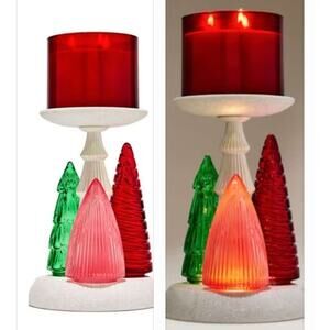 LIGHT UP PEDESTAL 3-WICK CANDLE HOLDER GLASS CHRISTMAS TREES BATH & BODY WORKS